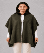 Ladies Premium Textured Winter Cape Shawl – Faux-Fur Collar & Pearl Buckle Design - Image 3