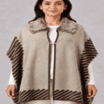 Ladies Premium Textured Winter Cape Shawl – Faux-Fur Collar & Pearl Buckle Design