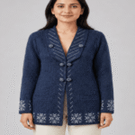 Ladies Premium Woollen Long Cardigan – Shawl Collar, Double-Button & Embroidered Hem Design (2)