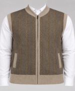 Men’s Premium Beige-Grey Striped Full-Zip Sleeveless Knitted Sweater Vest with Pockets