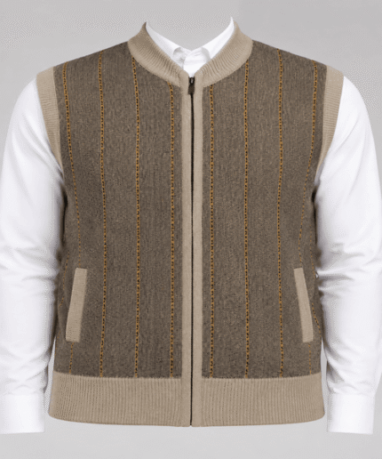 Men’s Premium Beige-Grey Striped Full-Zip Sleeveless Knitted Sweater Vest with Pockets