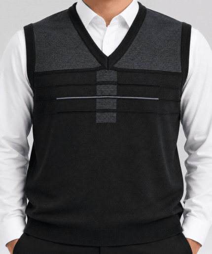 Men’s Premium Black & Charcoal Striped V-Neck Sleeveless Knitted Sweater Vest