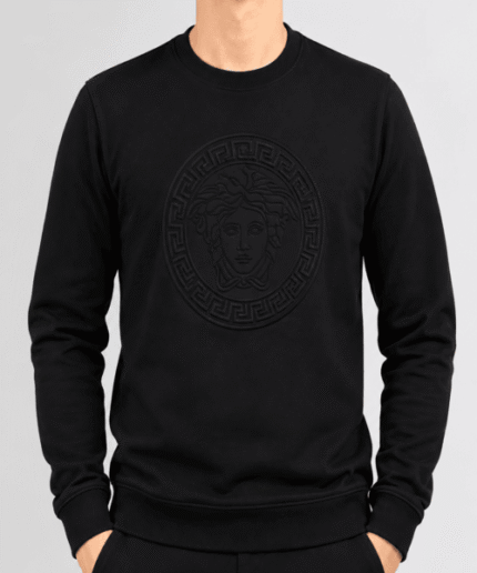 Men’s Premium Black Embossed Medusa Crew-Neck Sweatshirt – Full-Sleeve Casual Winter Wear