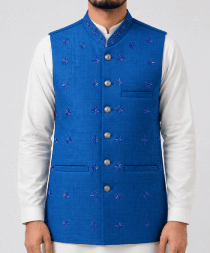 Men’s Premium Bright Blue Star-Embroidered Traditional Long Waistcoat