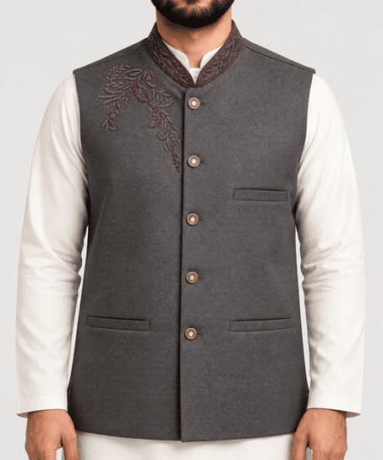 Men’s Premium Charcoal Grey Embroidered Traditional Long Waistcoat
