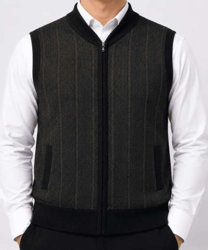 Mens-Premium-Charcoal-Grey-Vertical-Striped-Full-Zip-Sleeveless-Knitted-Sweater-Vest