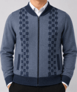 Men’s Premium Full-Zip Check Pattern Knitted Cardigan – Blue Grey