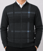 Men’s Premium Full-Zip Check Pattern Knitted Cardigan – Charcoal Grey