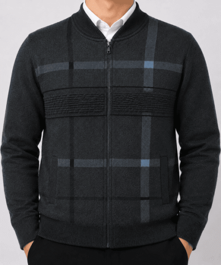 Men’s Premium Full-Zip Check Pattern Knitted Cardigan – Blue Grey