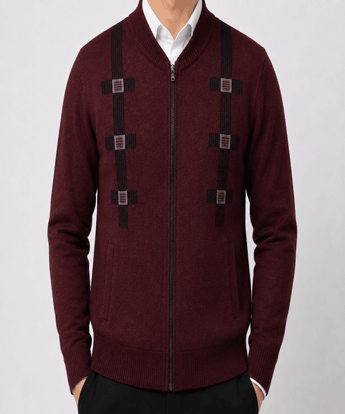Men’s Premium Full-Zip Decorative Stripe Knitted Cardigan – Maroon Men’s Premium Full-Zip Decorative Stripe Knitted Cardigan – Maroon
