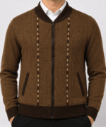 Men’s Premium Full-Zip Diamond Pattern Knitted Cardigan – Brown