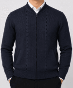 Men’s Premium Full-Zip Diamond Pattern Knitted Cardigan – Dark Navy