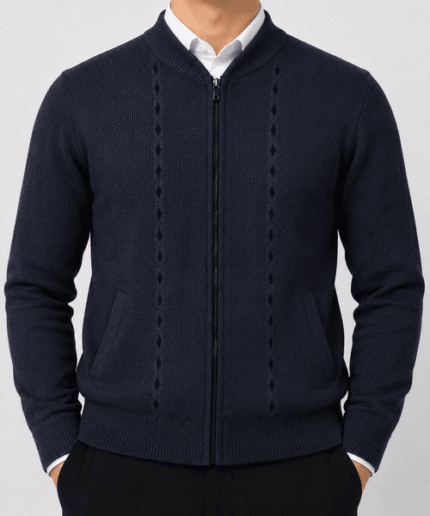 Men’s Premium Full-Zip Diamond Pattern Knitted Cardigan – Dark Navy