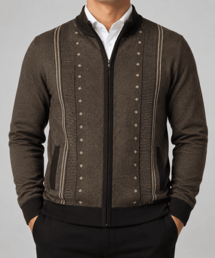 Men’s Premium Full-Zip Diamond Stripe Knitted Cardigan – Brown