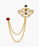 Men’s Premium Gold Crown Crystal Double-Chain Lapel Brooch with Red Stone Pin