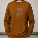 Men’s Premium Mustard Brown Rhinestone Logo Crew-Neck Sweatshirt – Full-Sleeve Winter Wear