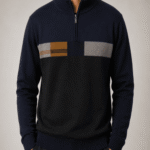 Men’s Premium Navy & Black Color-Block Half-Zip Knitted Sweater – Striped Winter Pullover