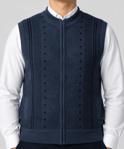 Men’s Premium Navy Blue Full-Zip Sleeveless Knitted Sweater Vest with Pockets