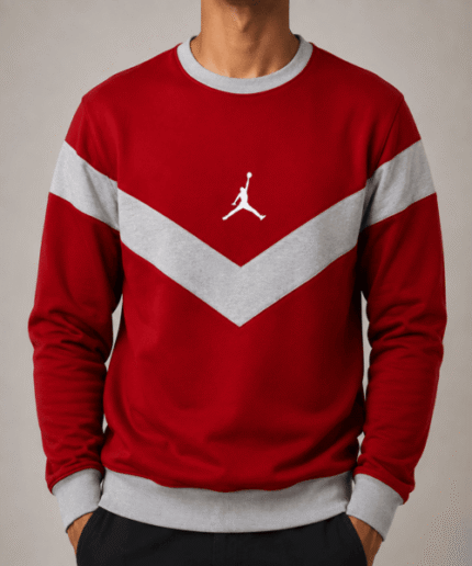 Men’s Premium Red & Grey Chevron Color-Block Crew-Neck Sweatshirt – Full-Sleeve Winter Wear