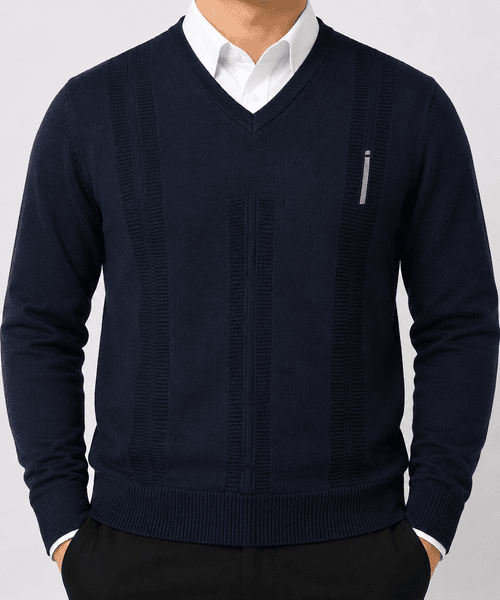 Men’s Premium V-Neck Textured Knitted Sweater – Navy Blue Men’s Premium V-Neck Textured Knitted Sweater – Navy Blue