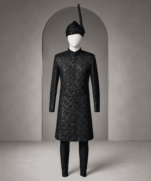 Men’s Traditional Black Embroidered Sherwani with Matching Kulla Men’s Traditional Black Embroidered Sherwani with Matching Kulla