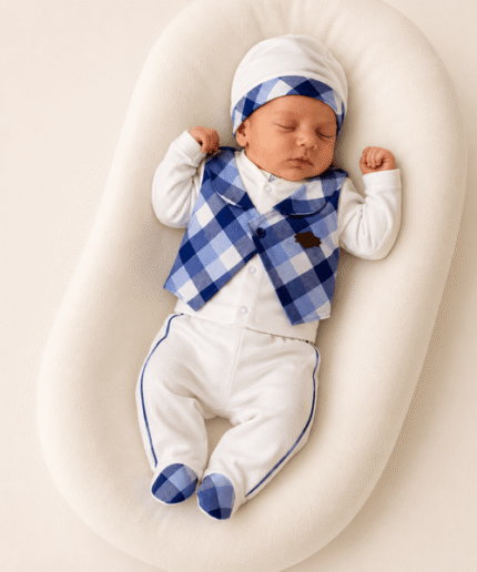 Newborn Baby Boys Premium Checkered Waistcoat Outfit with Matching Cap – Elegant 4-Piece Set