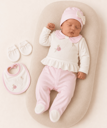 Newborn Baby Girls Premium Cotton Shirt & Trouser Outfit with Cap, Bib & Mittens – 5-Piece Set
