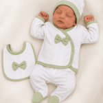 Newborn Baby Premium Cotton Wrap Shirt, Trouser, Cap & Bib – Elegant Bow 4-Piece Set (2)