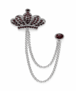 Red Rhinestone Silver Crown Brooch with Double Chains