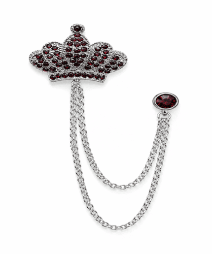 Red Rhinestone Silver Crown Brooch with Double Chains
