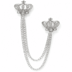 Red Rhinestone Silver Crown Brooch with Double Chains