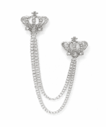Red Rhinestone Silver Crown Brooch with Double Chains