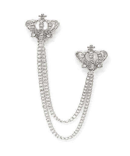 Red Rhinestone Silver Crown Brooch with Double Chains