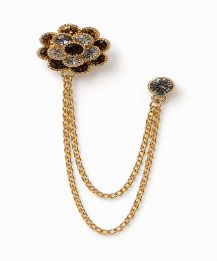 Smoky Crystal Floral Brooch with Rhinestone Pin and Double Gold Chains