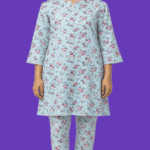 Teen Girls Light Aqua Rose-Print 2-Piece Straight Tunic & Trouser Suit
