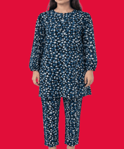 Teen Girls Light Aqua Rose-Print 2-Piece Straight Tunic & Trouser Suit (4)