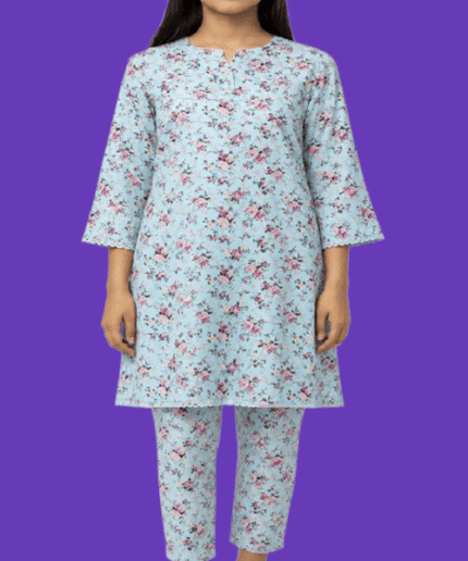 Teen Girls Light Aqua Rose-Print 2-Piece Straight Tunic & Trouser Suit