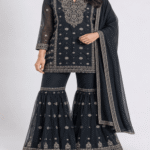 Women’s Black Embroidered Gharara 3-Piece Formal Suit with Dupatta