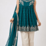 Women’s Deep Teal & Ivory Embroidered Sleeveless Frock 3-Piece Formal Suit with Dupatta