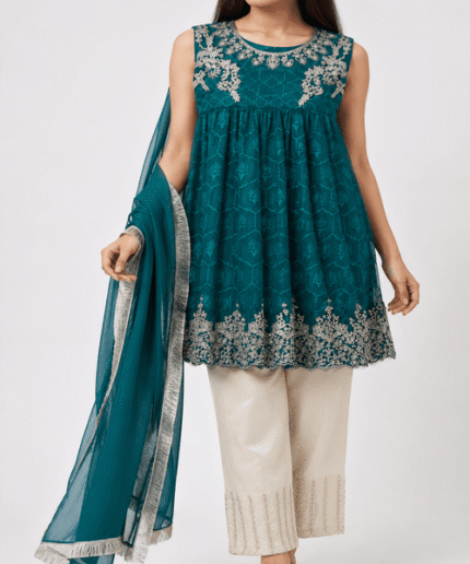 Women’s Deep Teal & Ivory Embroidered Sleeveless Frock 3-Piece Formal Suit with Dupatta
