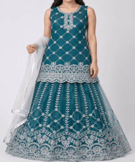 Women’s Deep Teal & Silver Heavy Embroidered 3-Piece Lehenga Suit with Dupatta