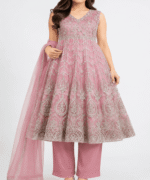 Women’s Dusty Pink Heavy Embroidered Long Frock 3-Piece Formal Suit with Dupatta