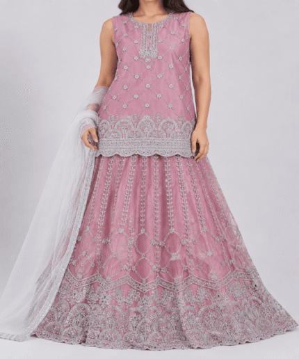 Women’s Dusty Pink & Silver Heavy Embroidered 3-Piece Lehenga Suit with Dupatta