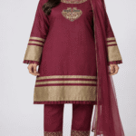 Women’s Maroon & Antique-Gold Embroidered 3-Piece Formal Suit with Dupatta