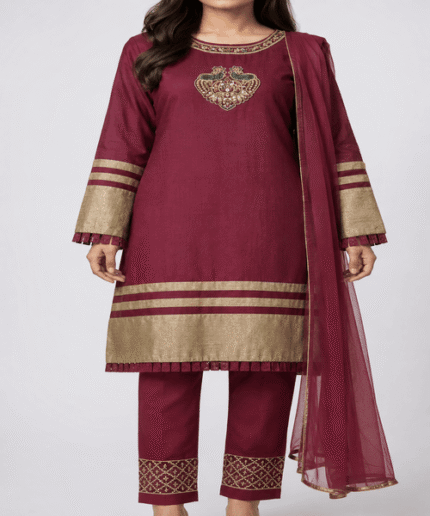 Women’s Maroon & Antique-Gold Embroidered 3-Piece Formal Suit with Dupatta