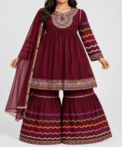 Women’s Maroon Multicolor Embroidered Frock & Sharara 3-Piece Formal Suit with Dupatta
