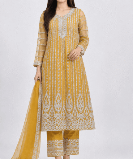 Women’s Mustard Gold Heavy Embroidered Long Frock 3-Piece Formal Suit with Dupatta