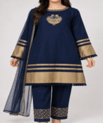 Women’s Navy Blue & Antique-Gold Embroidered 3-Piece Formal Suit with Dupatta