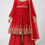 Women’s Red Multicolor Embroidered Frock, Palazzo & Dupatta 3-Piece Formal Suit