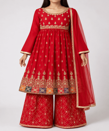 Women’s Red Multicolor Embroidered Frock, Palazzo & Dupatta 3-Piece Formal Suit